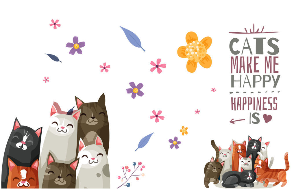 Startseite 3 Startseite Bunte Illustration von mehreren Katzen mit Blumen und dem Text 'Cats make me happy'. Bild von Dung Tran auf Pixabay
